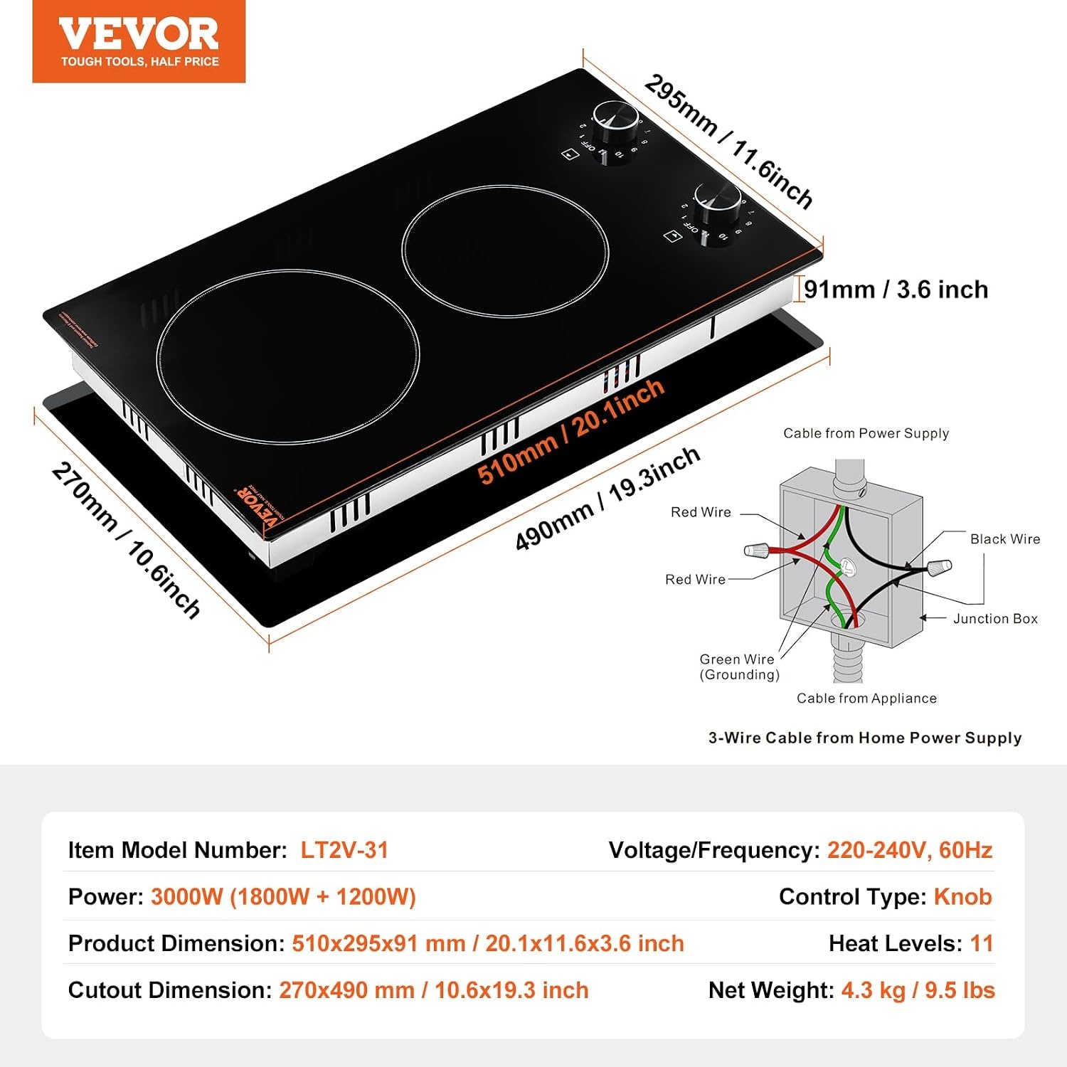 image:imageVEVOR Electric Radiant Cooktop Builtin Electric Stove Top with Glass Panel Knob Control 11 Heat Levels for Diverse Cooking Requirements 24inch4burners220V12 IN2 BurnersKnob Control