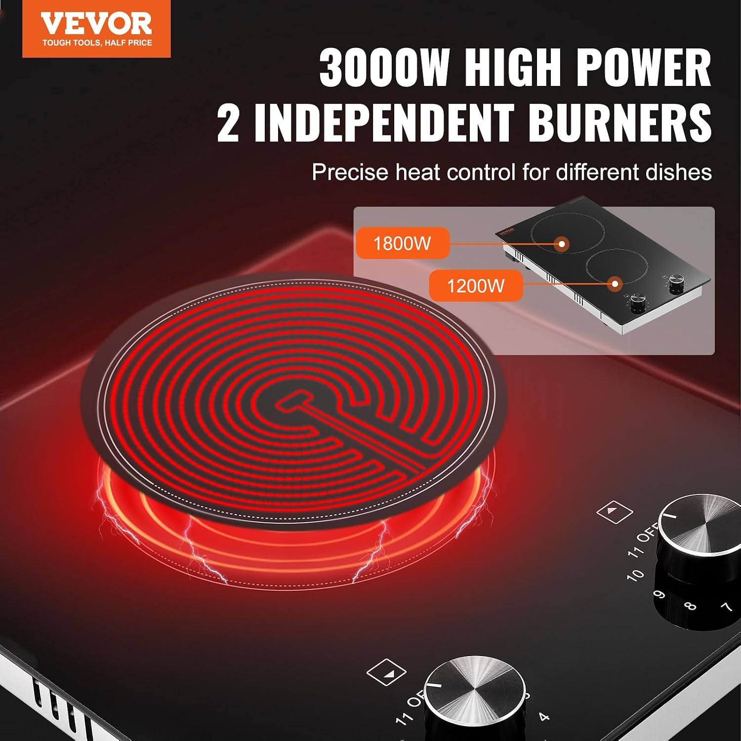 image:imageVEVOR Electric Radiant Cooktop Builtin Electric Stove Top with Glass Panel Knob Control 11 Heat Levels for Diverse Cooking Requirements 24inch4burners220V12 IN