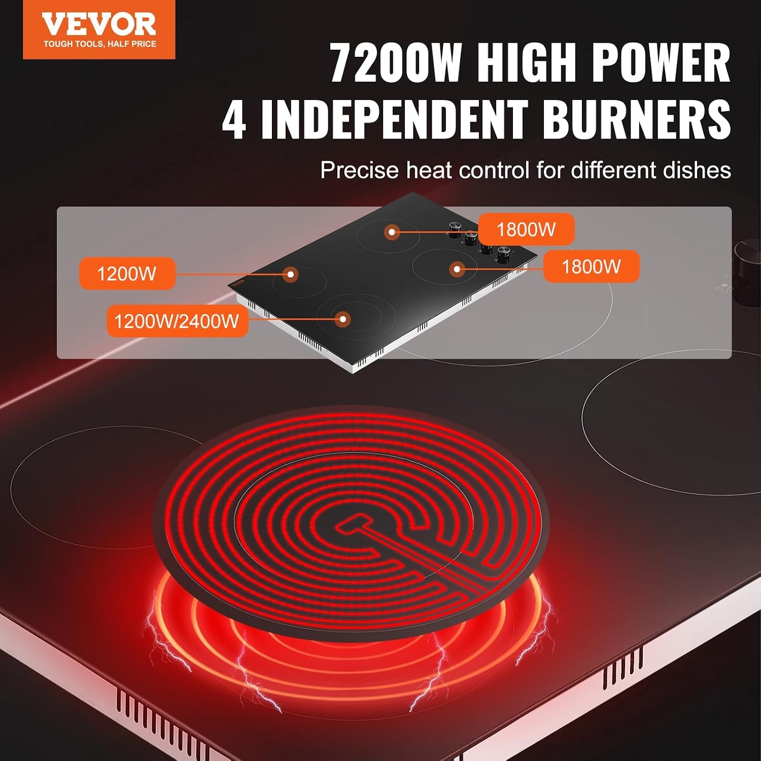 image:imageVEVOR Electric Radiant Cooktop Builtin Electric Stove Top with Glass Panel Knob Control 11 Heat Levels for Diverse Cooking Requirements 24inch4burners220V30IN