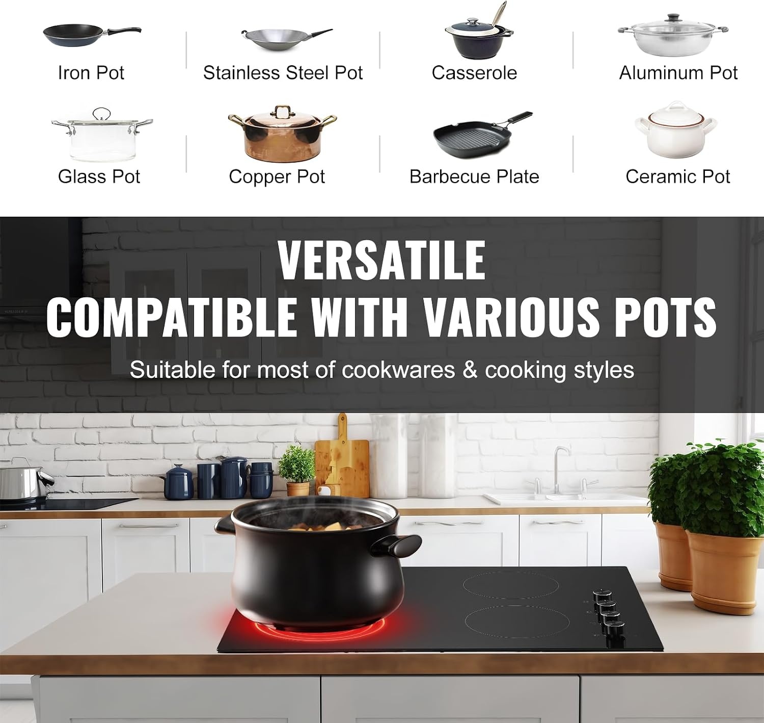 image:imageVEVOR Electric Radiant Cooktop Builtin Electric Stove Top with Glass Panel Knob Control 11 Heat Levels for Diverse Cooking Requirements 24inch4burners220V30IN