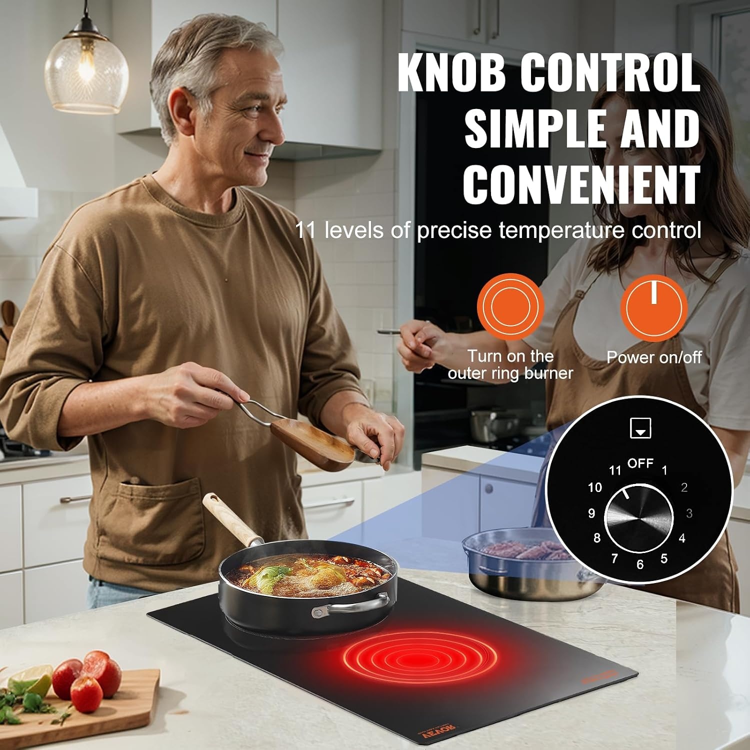 image:imageVEVOR Electric Radiant Cooktop Builtin Electric Stove Top with Glass Panel Knob Control 11 Heat Levels for Diverse Cooking Requirements 24inch4burners220V12 IN2 BurnersKnob Control