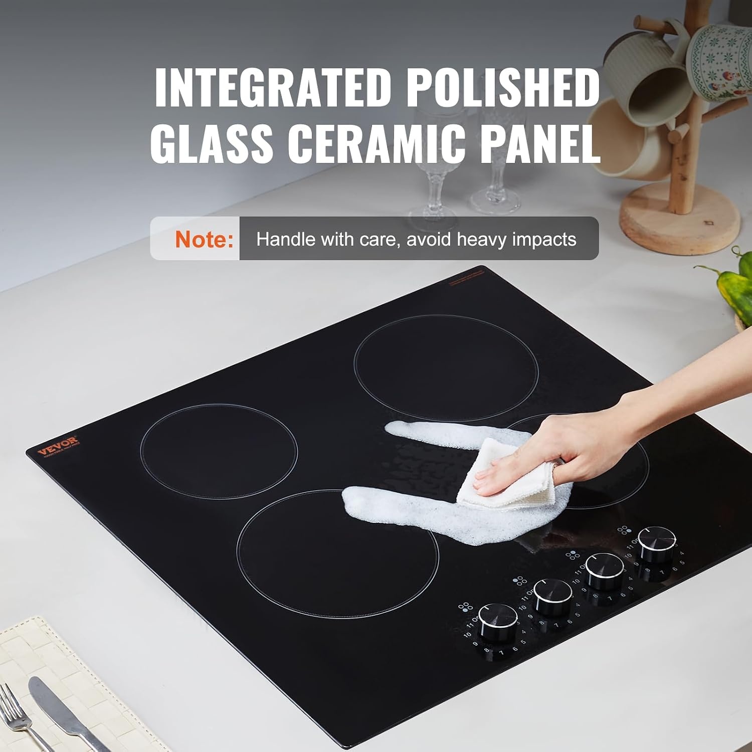 image:imageVEVOR Electric Radiant Cooktop Builtin Electric Stove Top with Glass Panel Knob Control 11 Heat Levels for Diverse Cooking Requirements 24inch4burners220V24IN