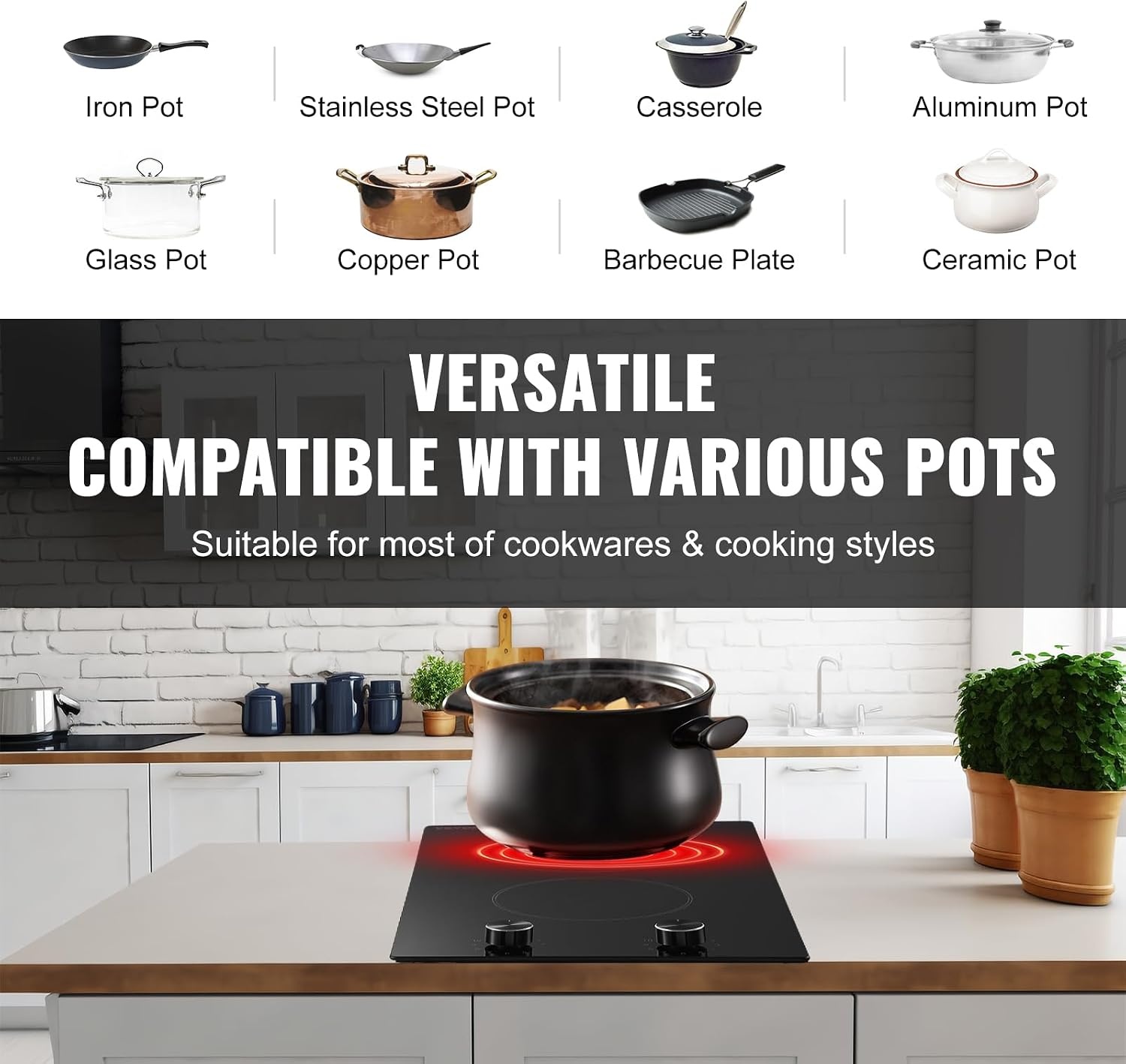 image:imageVEVOR Electric Radiant Cooktop Builtin Electric Stove Top with Glass Panel Knob Control 11 Heat Levels for Diverse Cooking Requirements 24inch4burners220V12 IN