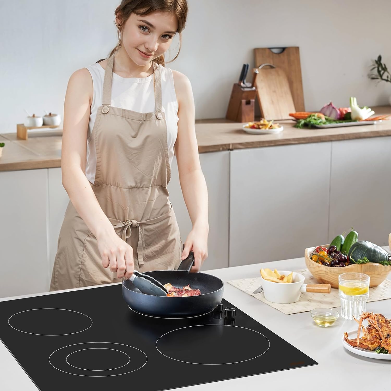image:imageVEVOR Electric Radiant Cooktop Builtin Electric Stove Top with Glass Panel Knob Control 11 Heat Levels for Diverse Cooking Requirements 24inch4burners220V30IN