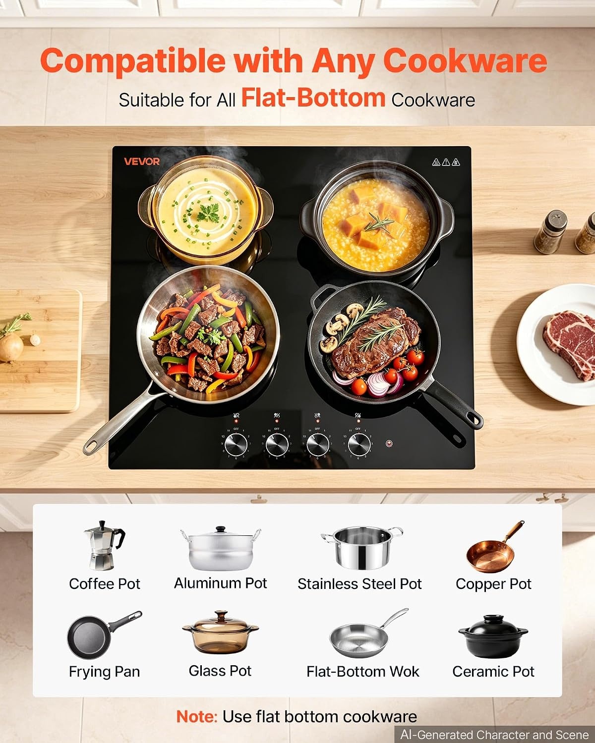 image:imageVEVOR Electric Radiant Cooktop Builtin Electric Stove Top with Glass Panel Knob Control 11 Heat Levels for Diverse Cooking Requirements 24inch4burners220V24 IN4 BurnerKnob Control