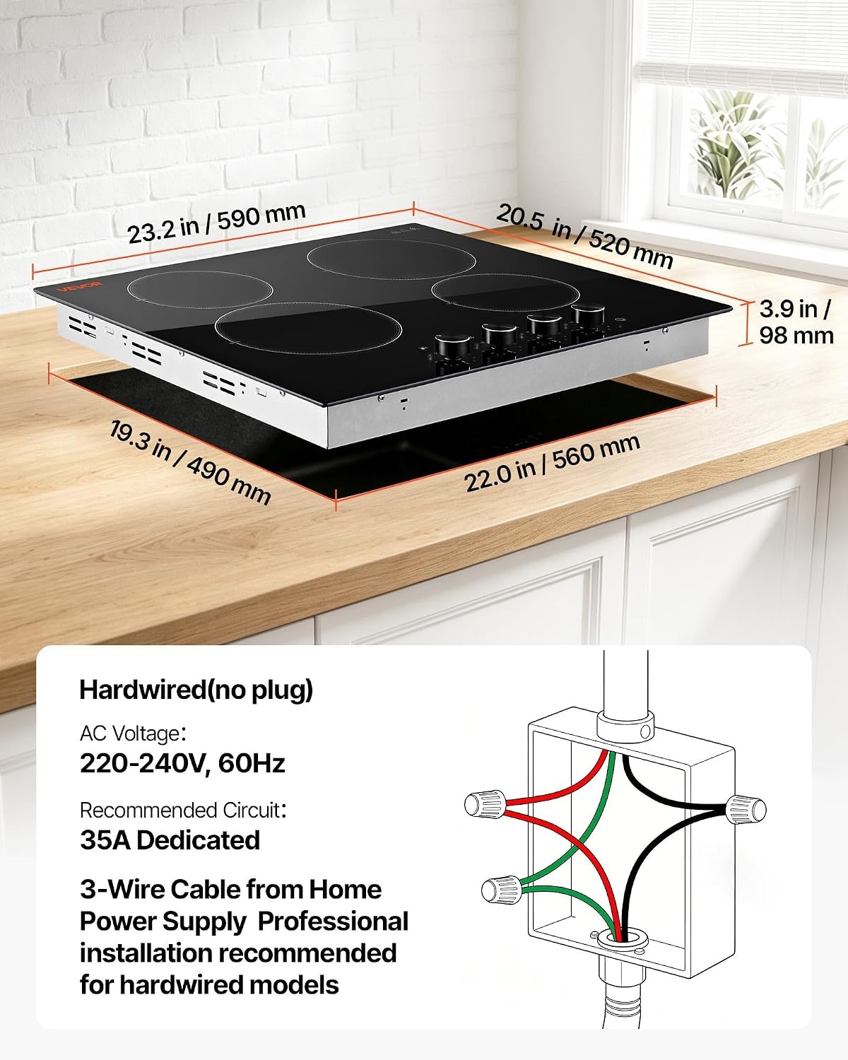 image:imageVEVOR Electric Radiant Cooktop Builtin Electric Stove Top with Glass Panel Knob Control 11 Heat Levels for Diverse Cooking Requirements 24inch4burners220V24 IN4 BurnerKnob Control