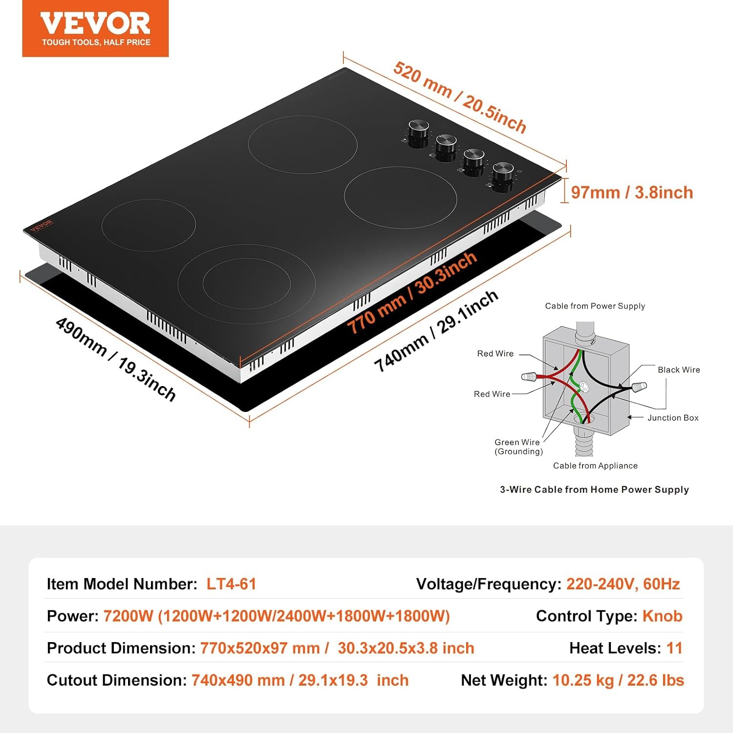 image:imageVEVOR Electric Radiant Cooktop Builtin Electric Stove Top with Glass Panel Knob Control 11 Heat Levels for Diverse Cooking Requirements 24inch4burners220V30IN