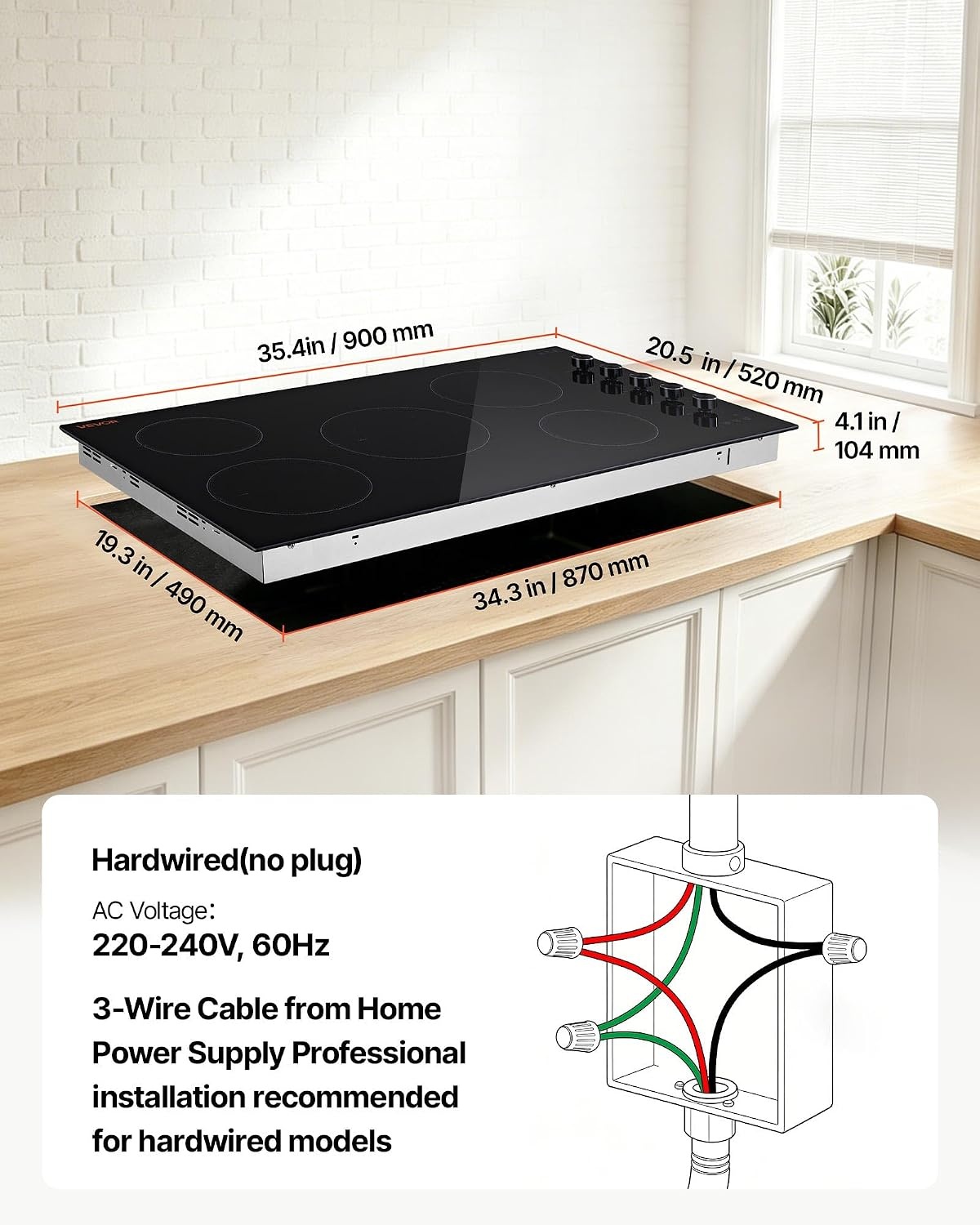 image:imageVEVOR Electric Radiant Cooktop Builtin Electric Stove Top with Glass Panel Knob Control 11 Heat Levels for Diverse Cooking Requirements 24inch4burners220V36 IN5 BurnerKnob Control