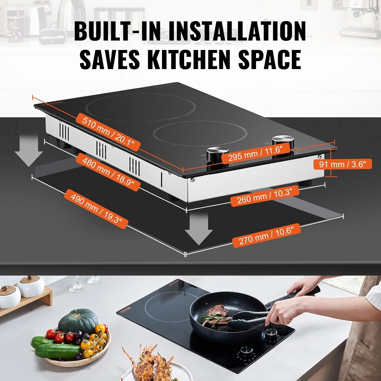 image:imageVEVOR Electric Radiant Cooktop Builtin Electric Stove Top with Glass Panel Knob Control 11 Heat Levels for Diverse Cooking Requirements 24inch4burners220V12 IN