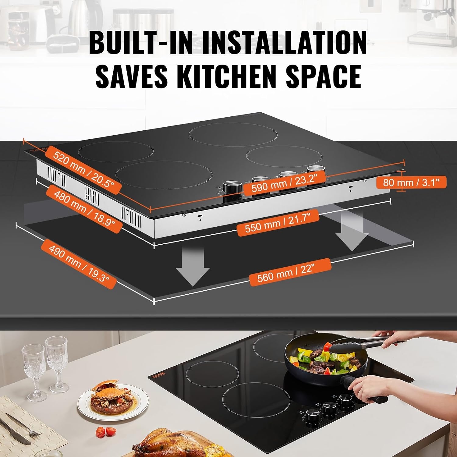 image:imageVEVOR Electric Radiant Cooktop Builtin Electric Stove Top with Glass Panel Knob Control 11 Heat Levels for Diverse Cooking Requirements 24inch4burners220V24IN