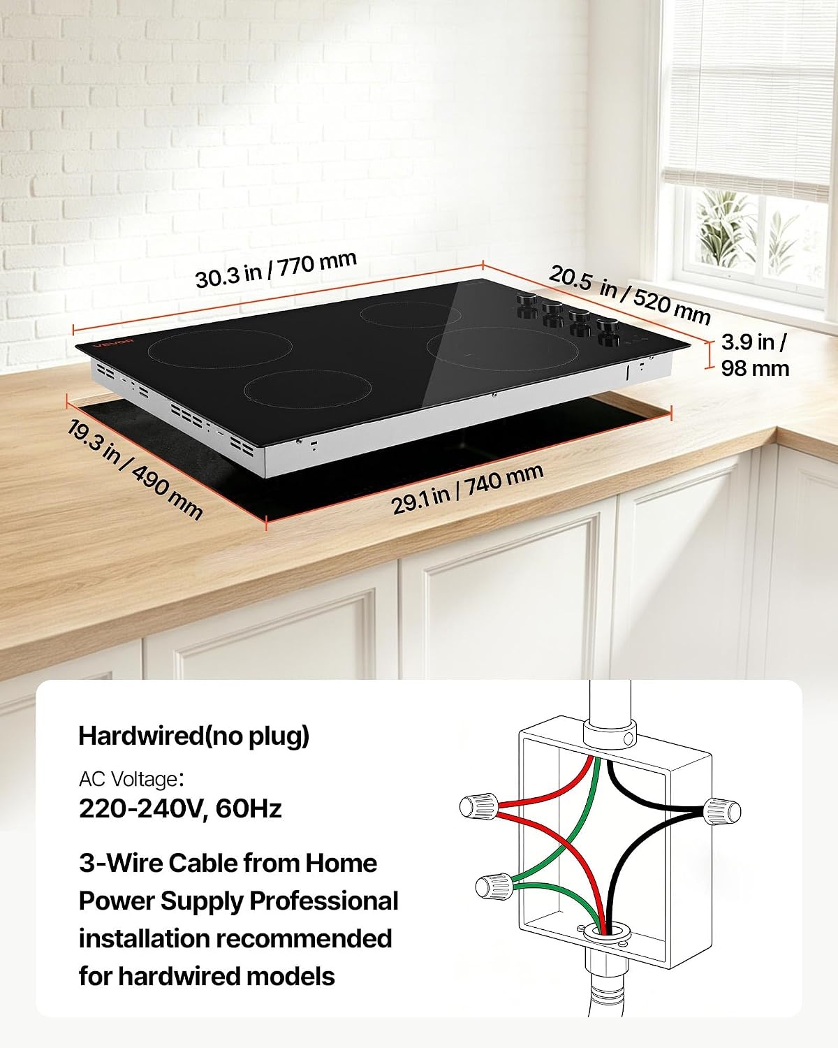 image:imageVEVOR Electric Radiant Cooktop Builtin Electric Stove Top with Glass Panel Knob Control 11 Heat Levels for Diverse Cooking Requirements 24inch4burners220V30 IN4 BurnerKnob Control