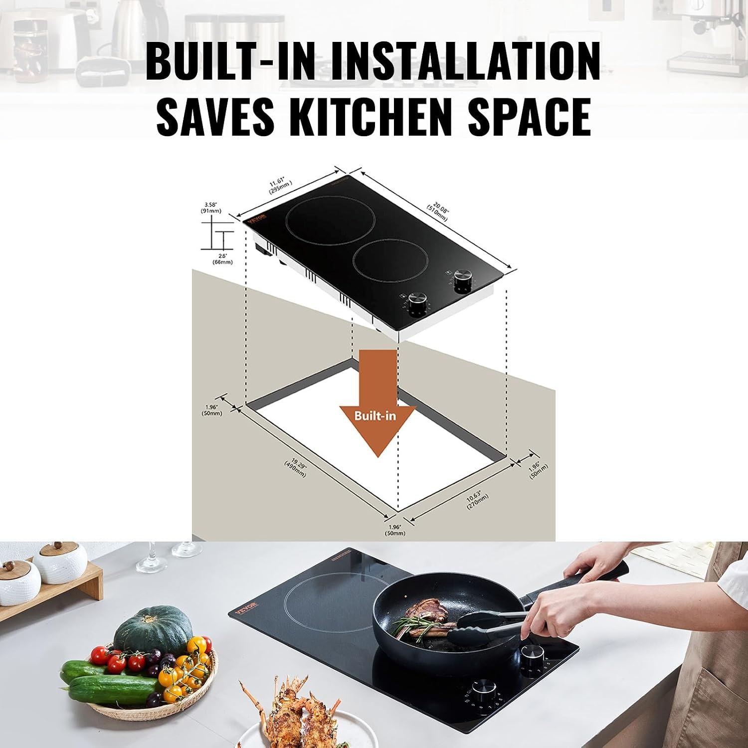 image:imageVEVOR Electric Radiant Cooktop Builtin Electric Stove Top with Glass Panel Knob Control 11 Heat Levels for Diverse Cooking Requirements 24inch4burners220V12 IN2 BurnersKnob Control