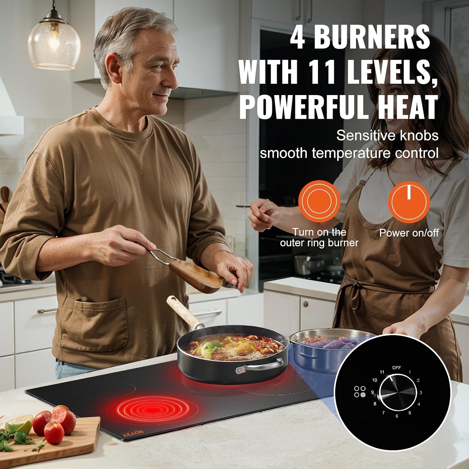 image:imageVEVOR Electric Radiant Cooktop Builtin Electric Stove Top with Glass Panel Knob Control 11 Heat Levels for Diverse Cooking Requirements 24inch4burners220V30IN
