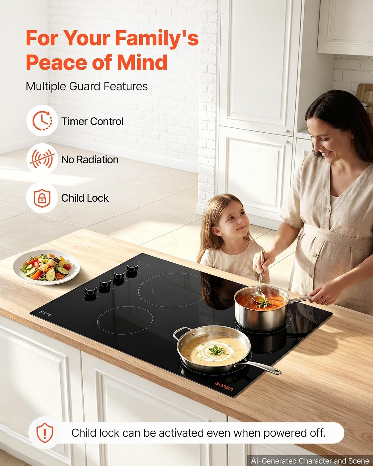 image:imageVEVOR Electric Radiant Cooktop Builtin Electric Stove Top with Glass Panel Knob Control 11 Heat Levels for Diverse Cooking Requirements 24inch4burners220V30 IN4 BurnerKnob Control