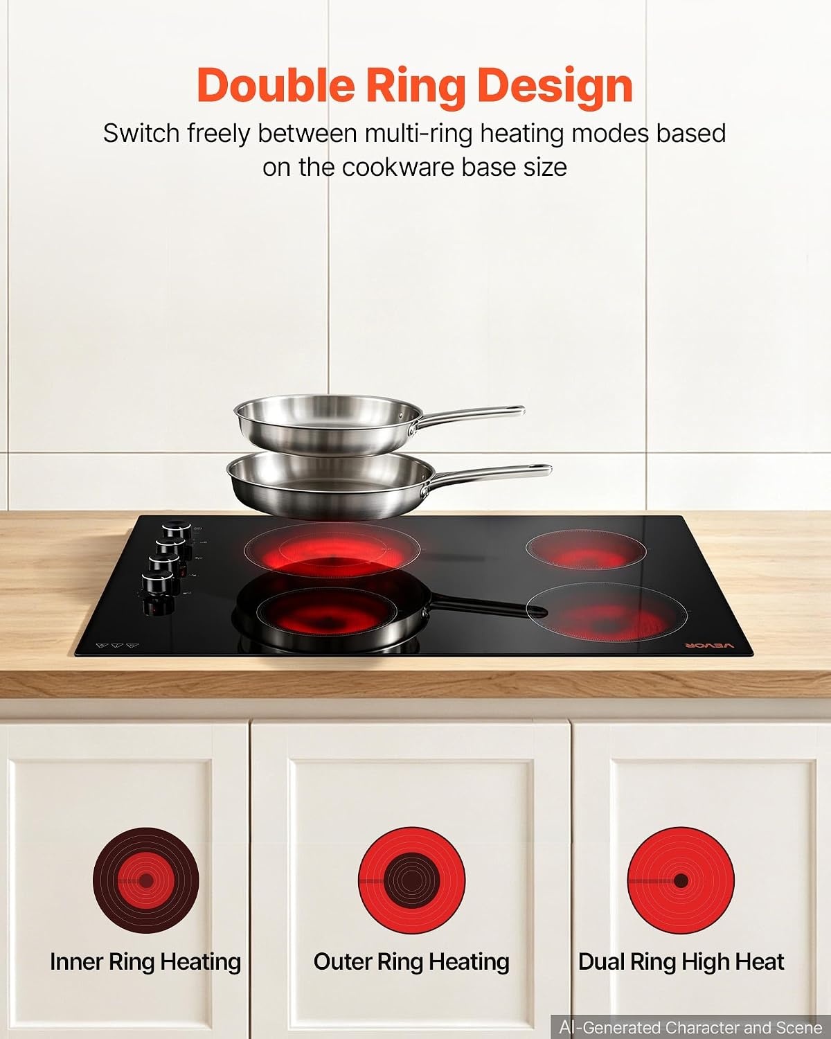 image:imageVEVOR Electric Radiant Cooktop Builtin Electric Stove Top with Glass Panel Knob Control 11 Heat Levels for Diverse Cooking Requirements 24inch4burners220V30 IN4 BurnerKnob Control
