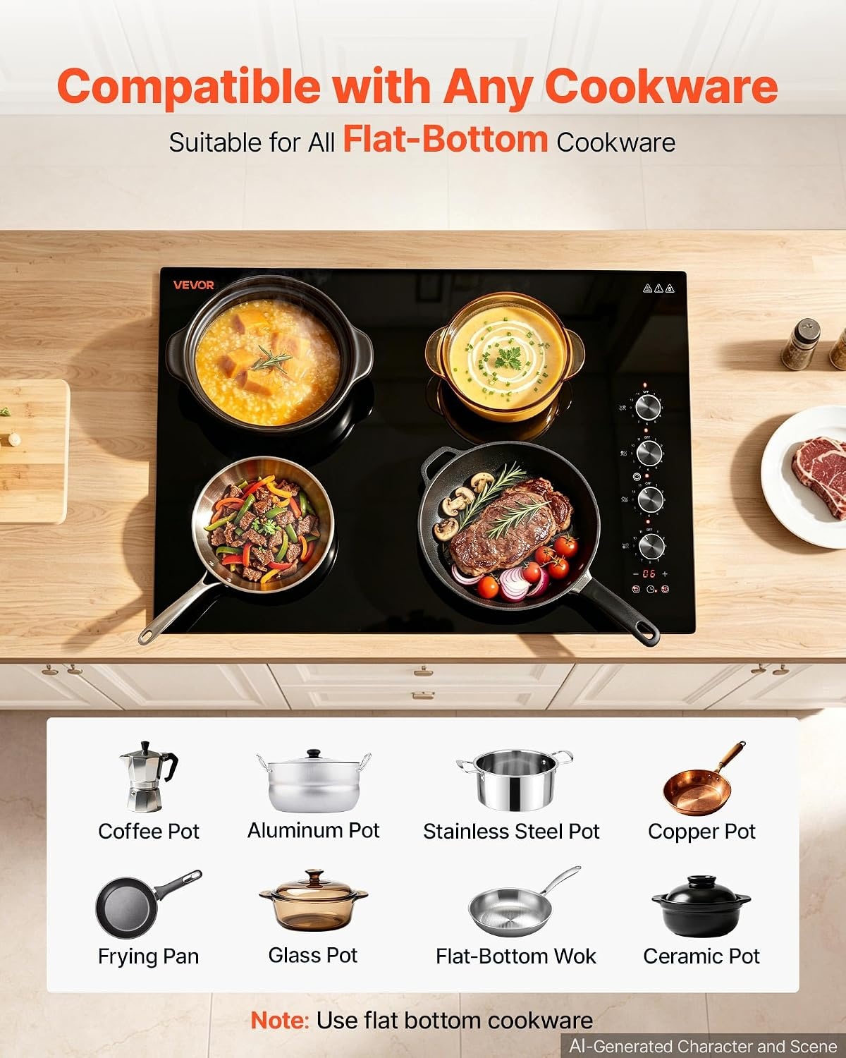 image:imageVEVOR Electric Radiant Cooktop Builtin Electric Stove Top with Glass Panel Knob Control 11 Heat Levels for Diverse Cooking Requirements 24inch4burners220V30 IN4 BurnerKnob Control
