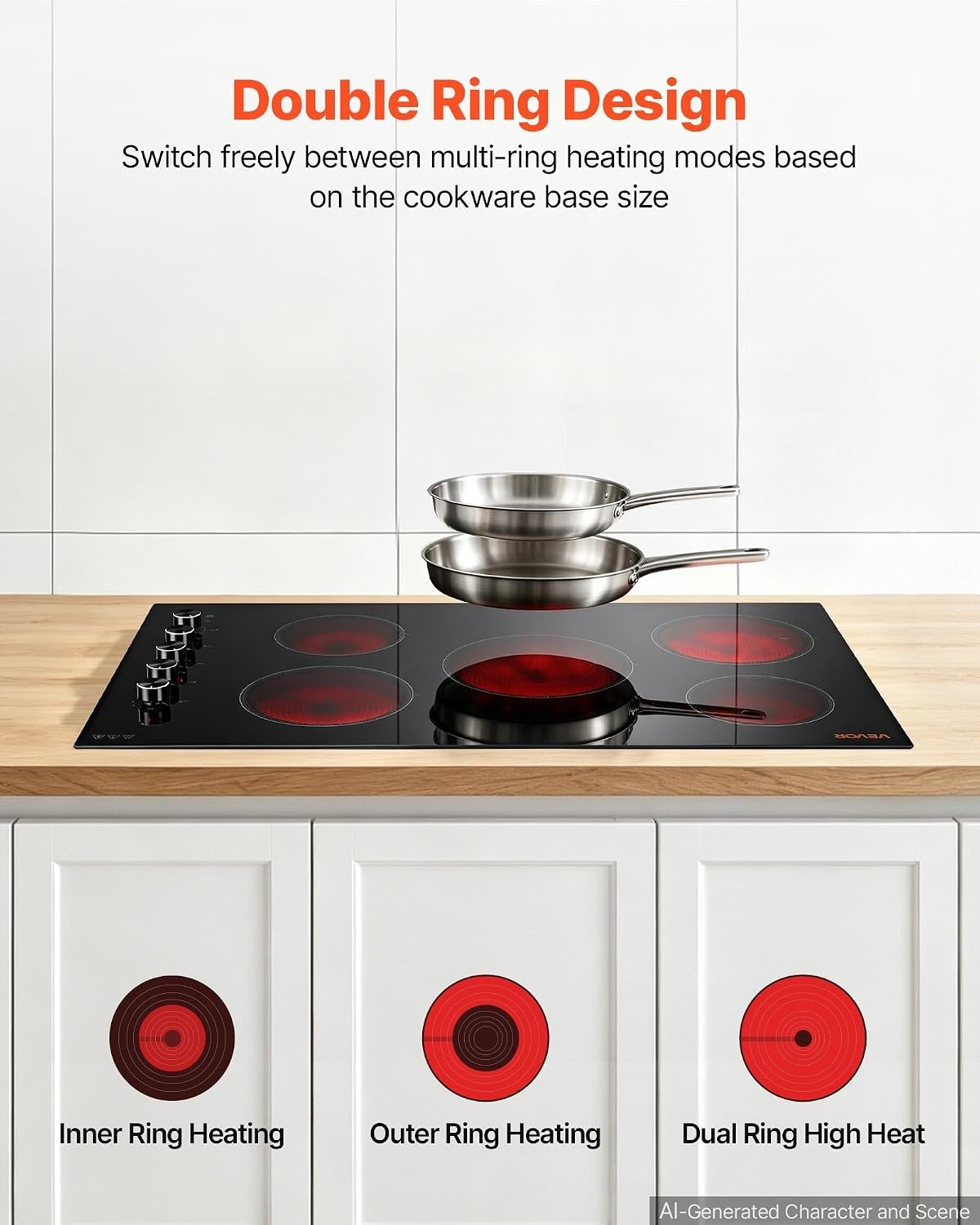 image:imageVEVOR Electric Radiant Cooktop Builtin Electric Stove Top with Glass Panel Knob Control 11 Heat Levels for Diverse Cooking Requirements 24inch4burners220V36 IN5 BurnerKnob Control