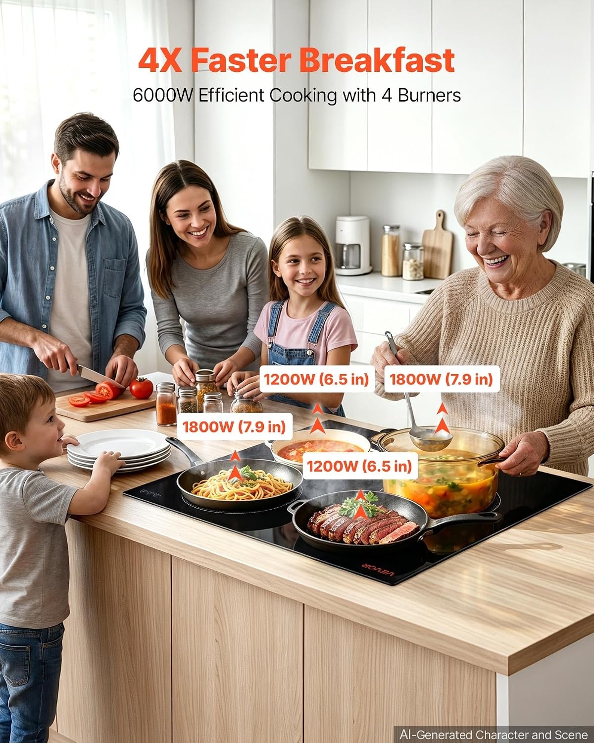 image:imageVEVOR Electric Radiant Cooktop Builtin Electric Stove Top with Glass Panel Knob Control 11 Heat Levels for Diverse Cooking Requirements 24inch4burners220V24 IN4 BurnerKnob Control