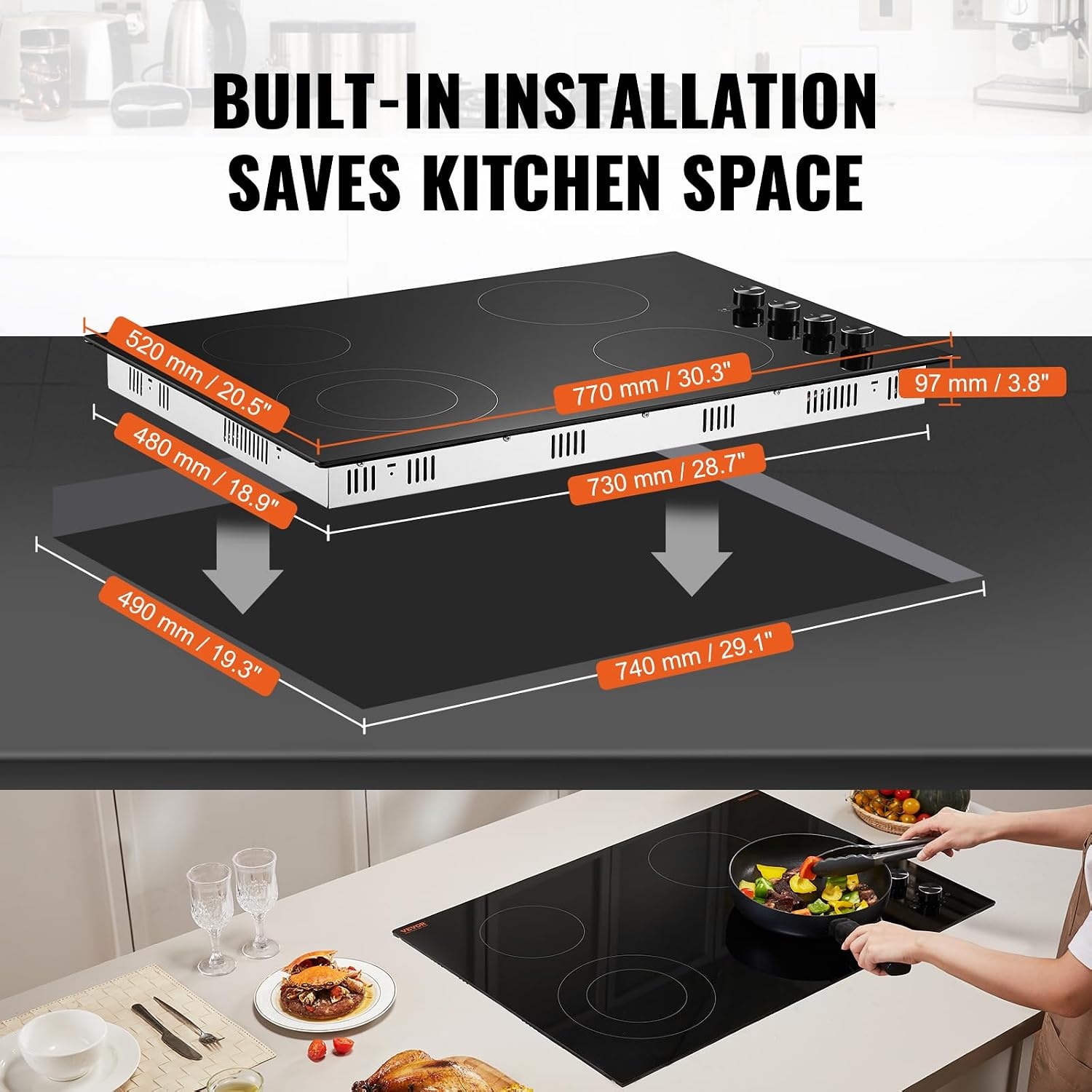 image:imageVEVOR Electric Radiant Cooktop Builtin Electric Stove Top with Glass Panel Knob Control 11 Heat Levels for Diverse Cooking Requirements 24inch4burners220V30IN