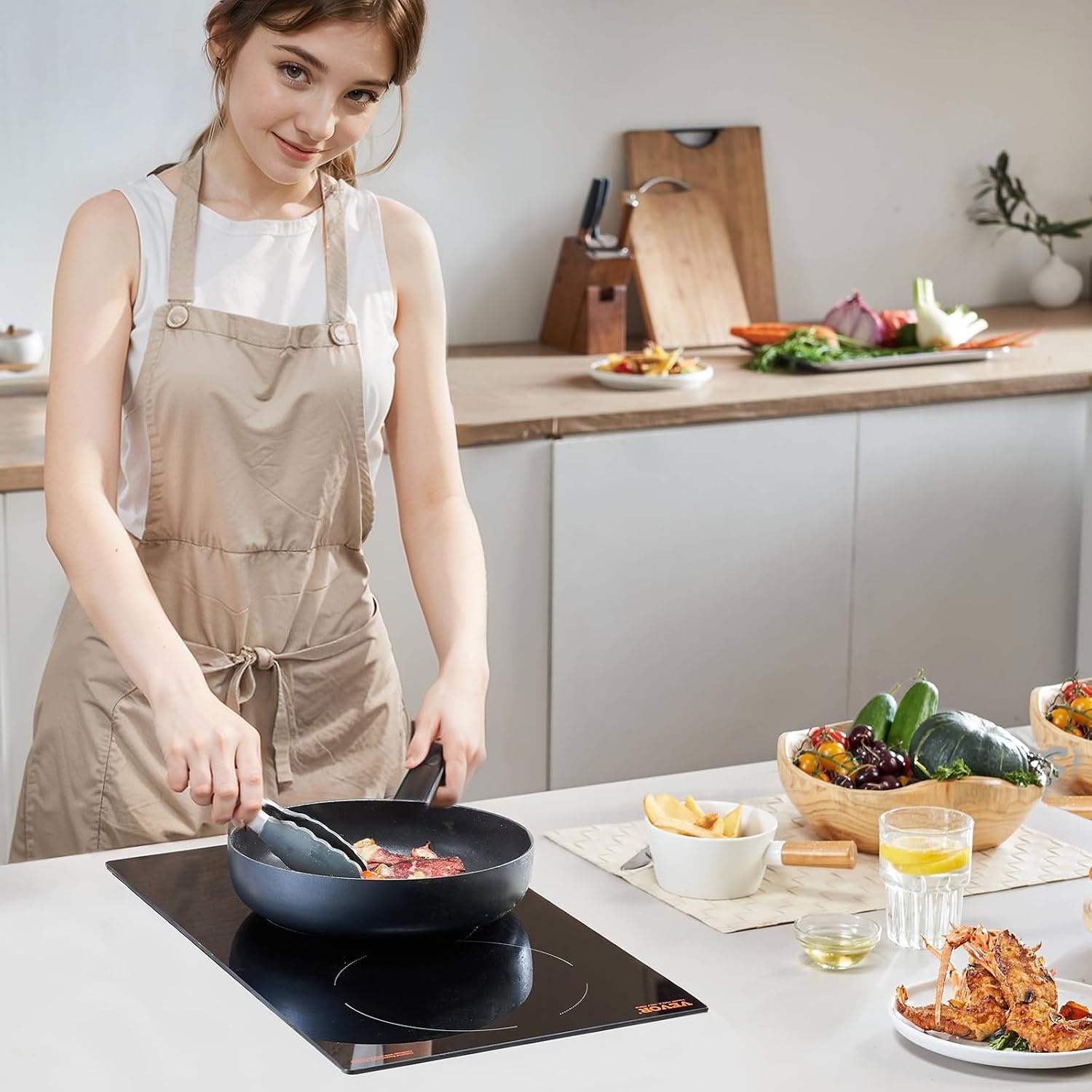 image:imageVEVOR Electric Radiant Cooktop Builtin Electric Stove Top with Glass Panel Knob Control 11 Heat Levels for Diverse Cooking Requirements 24inch4burners220V12 IN