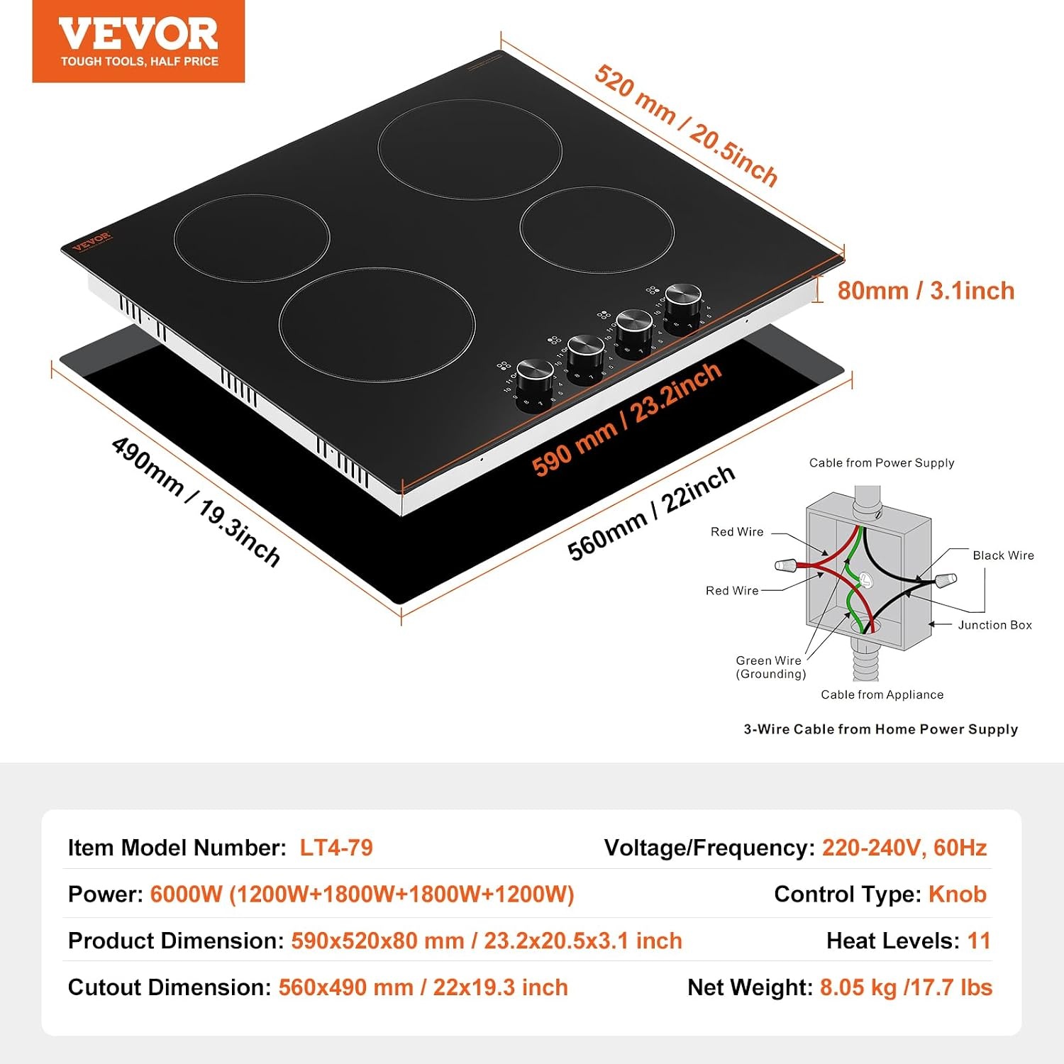 image:imageVEVOR Electric Radiant Cooktop Builtin Electric Stove Top with Glass Panel Knob Control 11 Heat Levels for Diverse Cooking Requirements 24inch4burners220V24IN