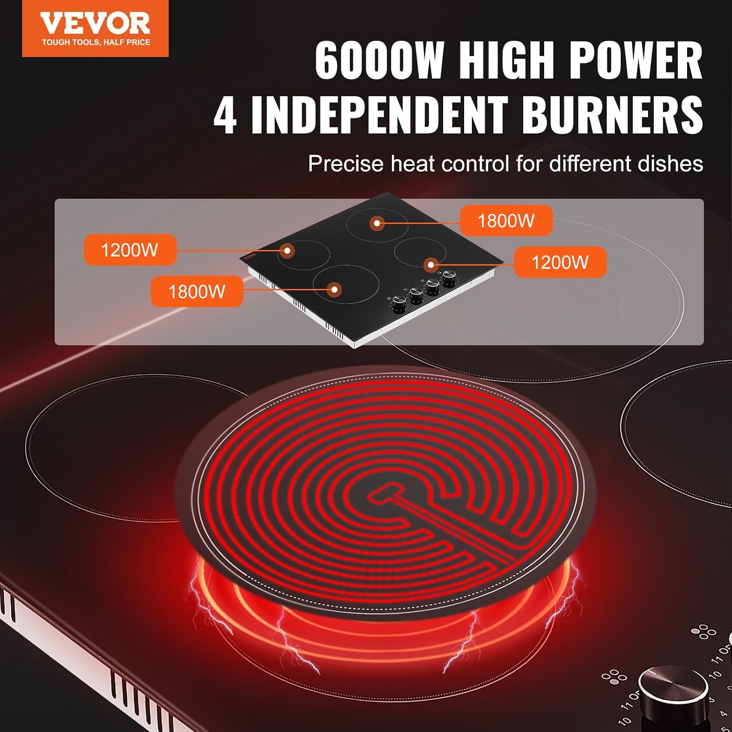 image:imageVEVOR Electric Radiant Cooktop Builtin Electric Stove Top with Glass Panel Knob Control 11 Heat Levels for Diverse Cooking Requirements 24inch4burners220V24IN