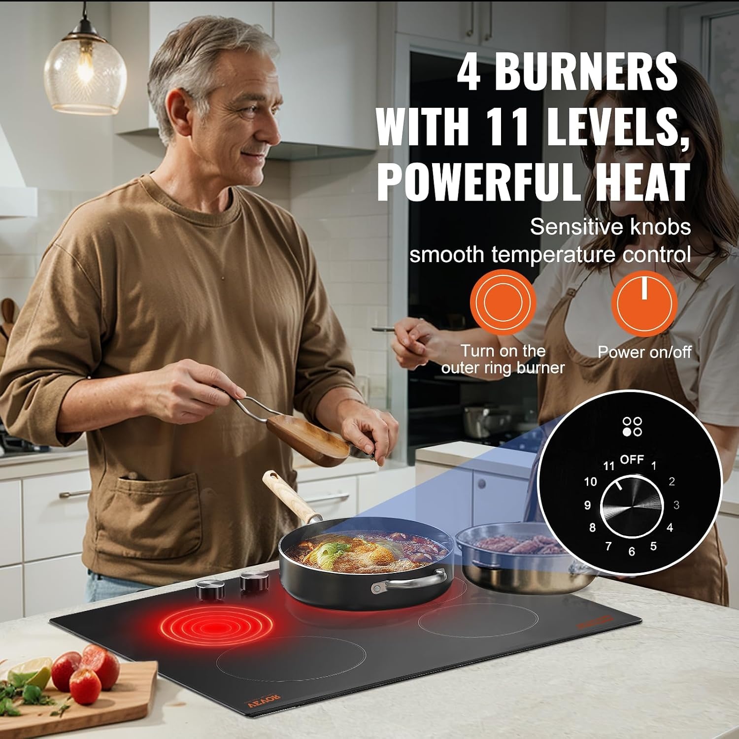 image:imageVEVOR Electric Radiant Cooktop Builtin Electric Stove Top with Glass Panel Knob Control 11 Heat Levels for Diverse Cooking Requirements 24inch4burners220V24IN