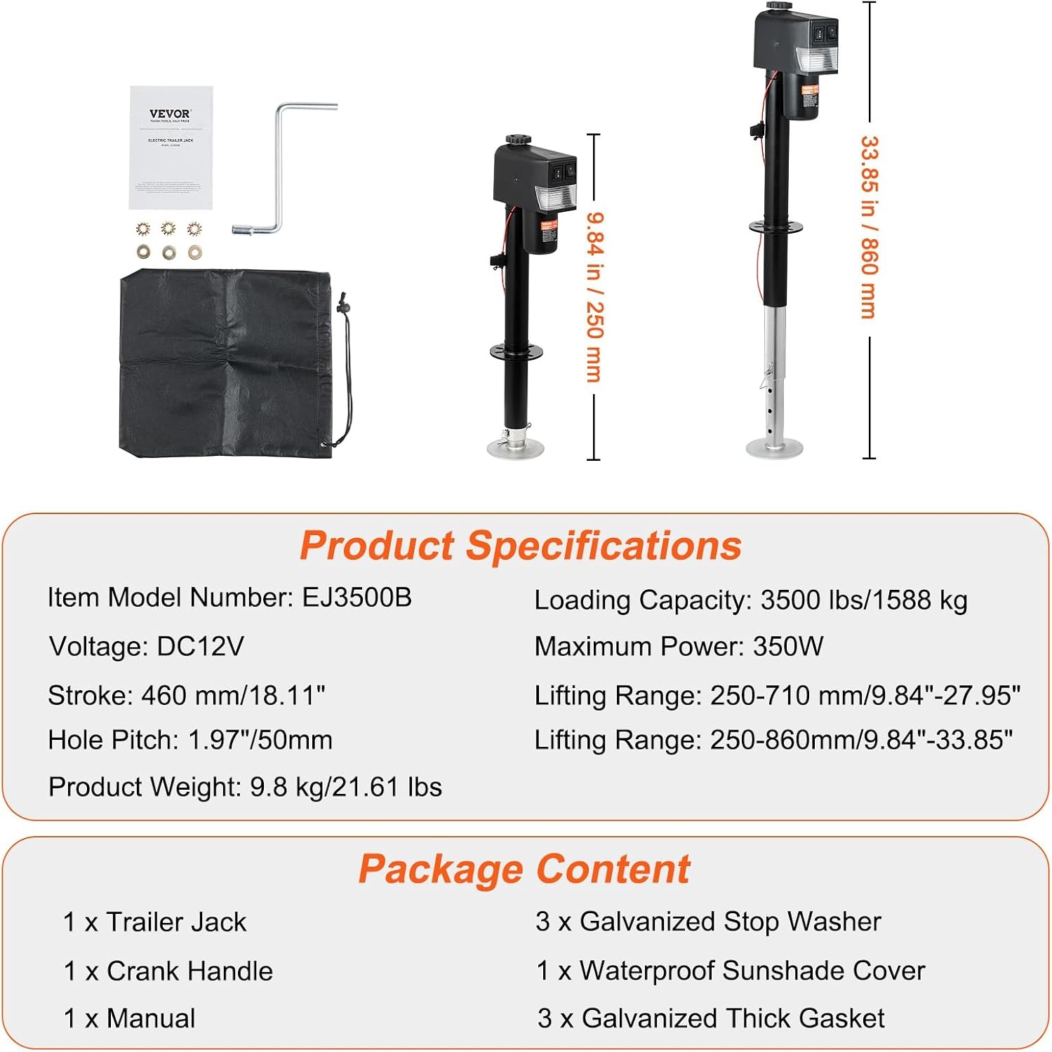 image:imageVEVOR Electric Tongue Jack 3500lbs Capacity 9843385 Electric Trailer Jack with Waterproof Cover for RV Horse Utility Trailers3500 lbs