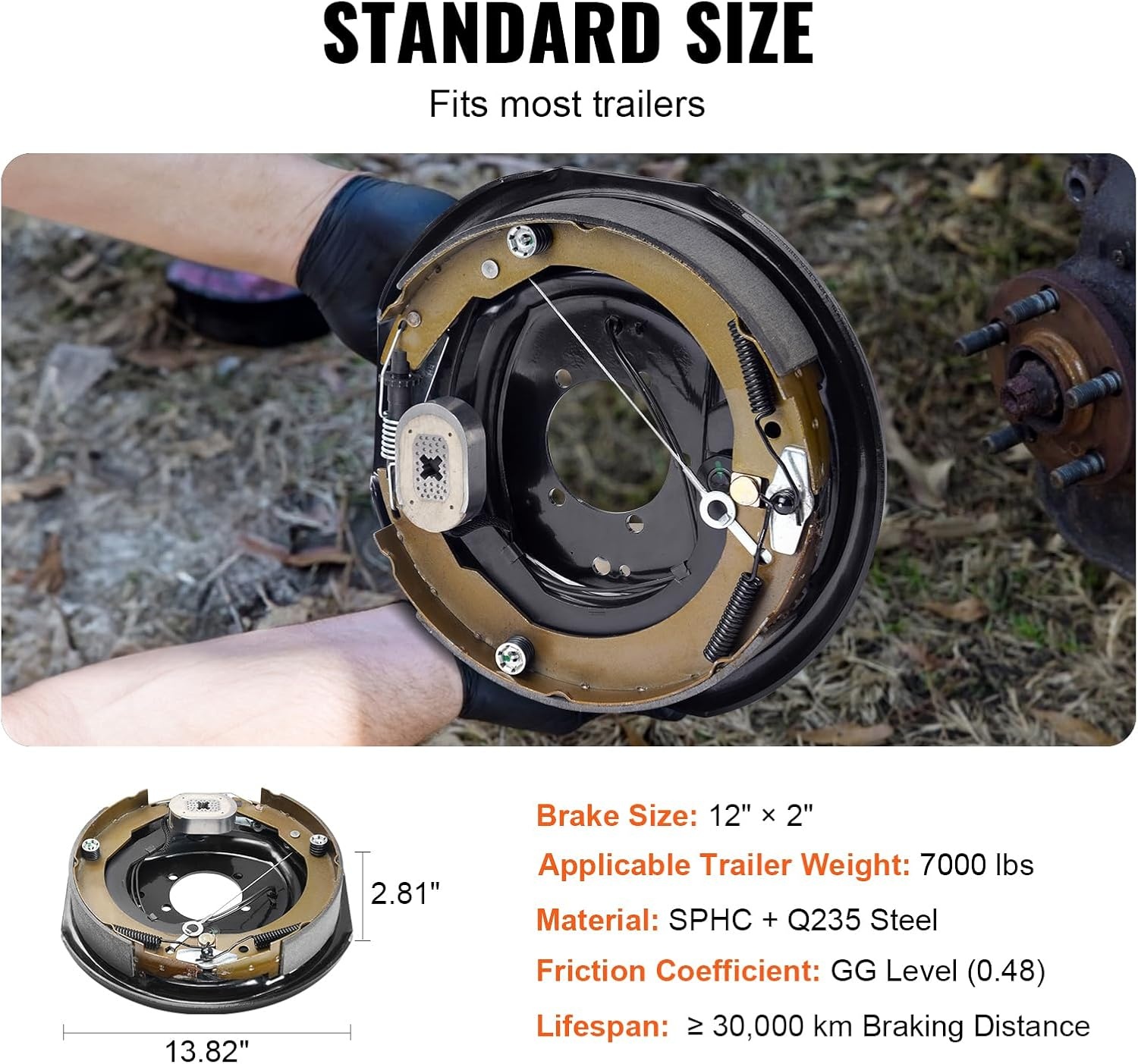 image:imageVEVOR Electric Trailer Brake Assembly 12 x 2 2 Pairs SelfAdjusting Electric Brakes Kit for 7000 lbs Axle 5Hole Mounting Backing Plates for Braking System Part Replacement 2 Right 2 Left Electric Brakes Kit for 7000 lbs Axle 5Hole Mounting Backing Plates for Braking System Part Replacement 2 Right 2 Left1 Pair Brakes