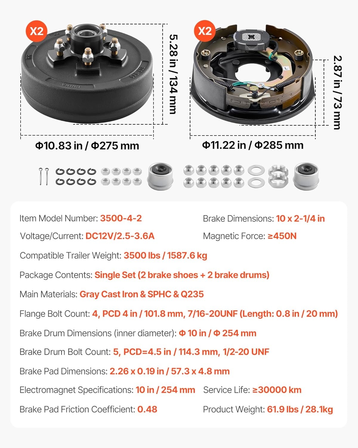 image:imageVEVOR Electric Trailer Brake Kit 1225 x 3375 Inch 1 Pair SelfAdjusting Electric Brakes Kit for 8000 lbs Trailer Axle Backing Plates for Braking System Part Replacement Fit for Trailers RVs10 x 214 Inch 3500lbs 1 pairs