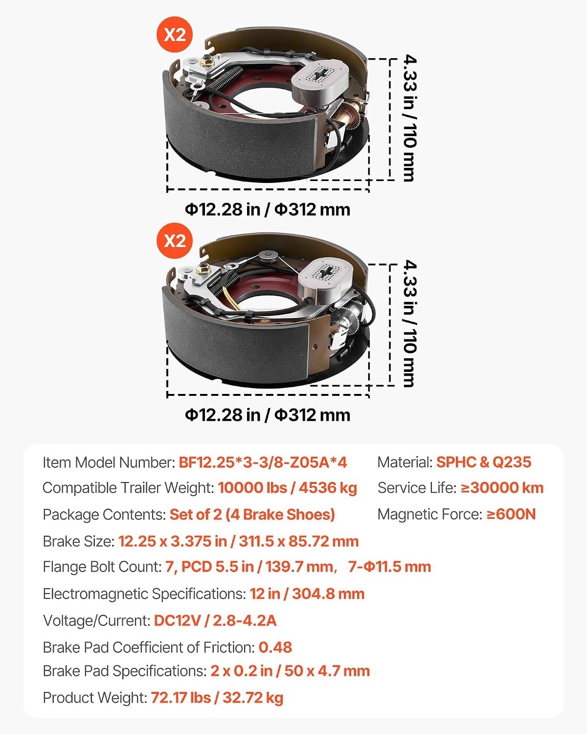 image:imageVEVOR Electric Trailer Brake Kit 1225 x 3375 Inch 1 Pair SelfAdjusting Electric Brakes Kit for 8000 lbs Trailer Axle Backing Plates for Braking System Part Replacement Fit for Trailers RVs1225 x 3375 Inch 10000lbs 4 Brakes