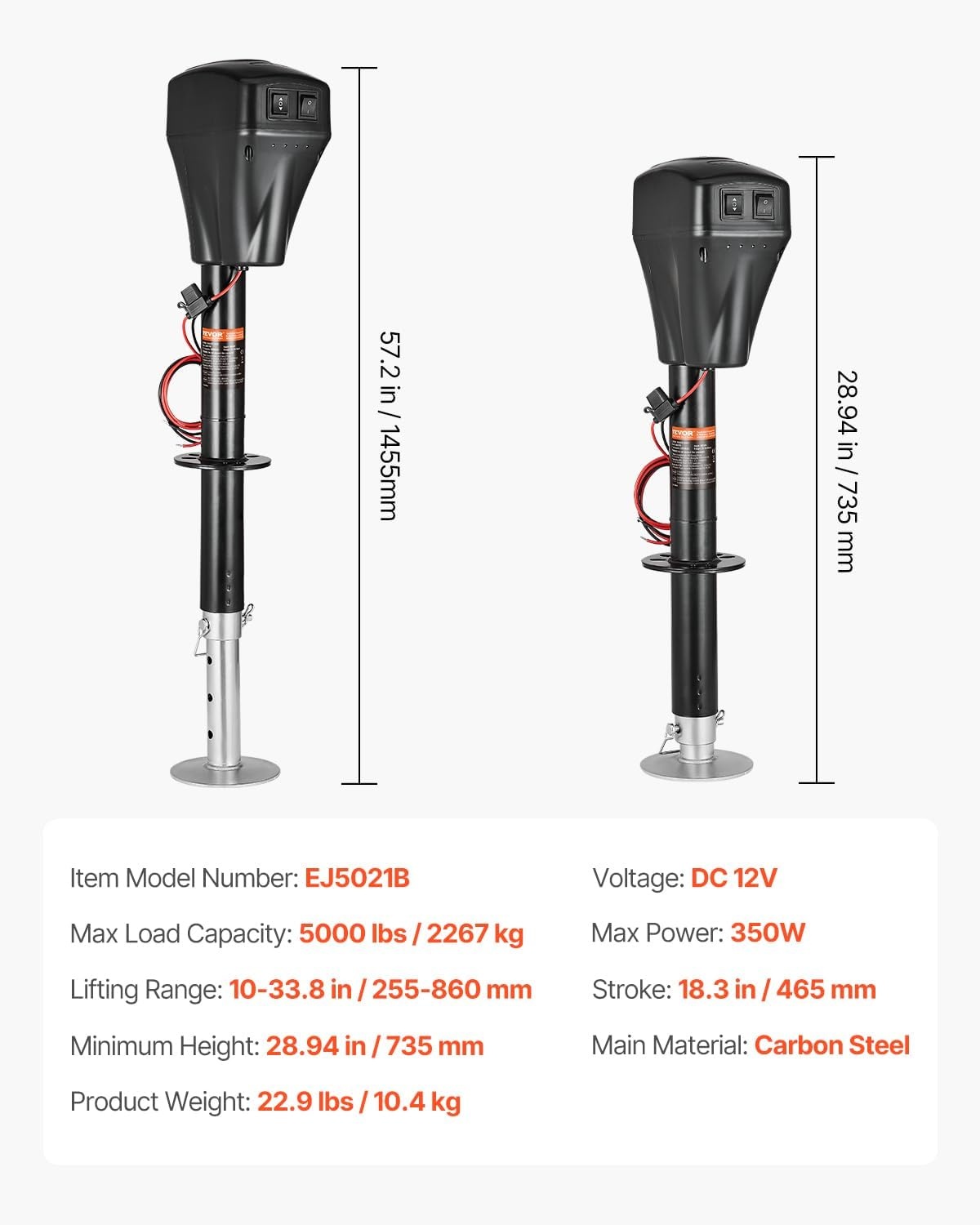 image:imageVEVOR Electric Trailer Jack 5000 lbs Heavy Duty RV Electric Power Tongue Jack with 2 Way Connector Manual Crank Handle amp Weatherproof Jack Cover 10283 Lift for RVs Trailers amp Campers Black5000LBS