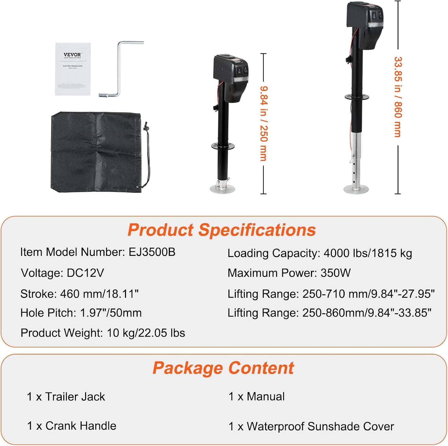 image:imageVEVOR Electric Trailer Jack 5000 lbs Heavy Duty RV Electric Power Tongue Jack with 2 Way Connector Manual Crank Handle amp Weatherproof Jack Cover 10283 Lift for RVs Trailers amp Campers Black4000LBS