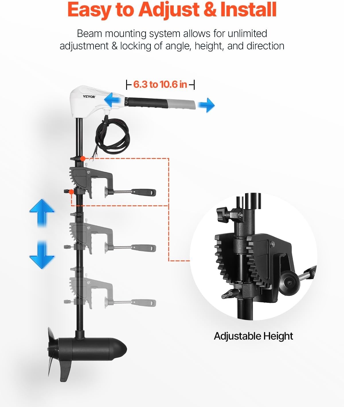 image:imageVEVOR Electric Trolling Motor Transom Mounted Outboard Boat Motors 12V 55lbs Thrust 8Speed Electric Boat Engine wBattery Indicator for Kayaks Fishing Boats on FreshwaterSaltwater 30In ShaftManual 12V 55Ib 30inch