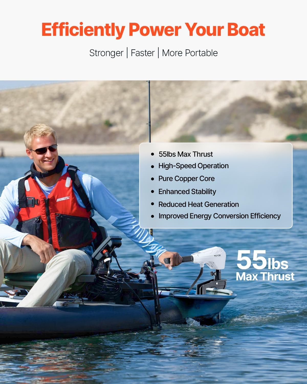 image:imageVEVOR Electric Trolling Motor Transom Mounted Outboard Boat Motors 12V 55lbs Thrust 8Speed Electric Boat Engine wBattery Indicator for Kayaks Fishing Boats on FreshwaterSaltwater 30In ShaftManual 12V 55Ib 30inch