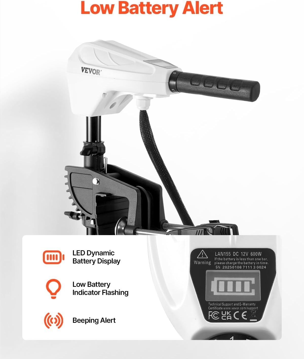 image:imageVEVOR Electric Trolling Motor Transom Mounted Outboard Boat Motors 12V 55lbs Thrust 8Speed Electric Boat Engine wBattery Indicator for Kayaks Fishing Boats on FreshwaterSaltwater 30In ShaftManual 12V 55Ib 30inch
