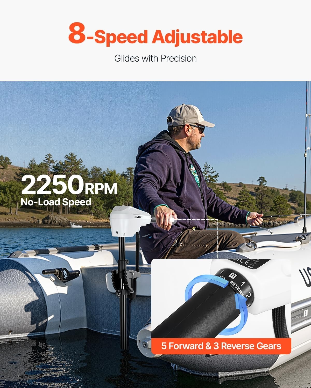 image:imageVEVOR Electric Trolling Motor Transom Mounted Outboard Boat Motors 12V 55lbs Thrust 8Speed Electric Boat Engine wBattery Indicator for Kayaks Fishing Boats on FreshwaterSaltwater 30In ShaftManual 24V 86Ib 36inch