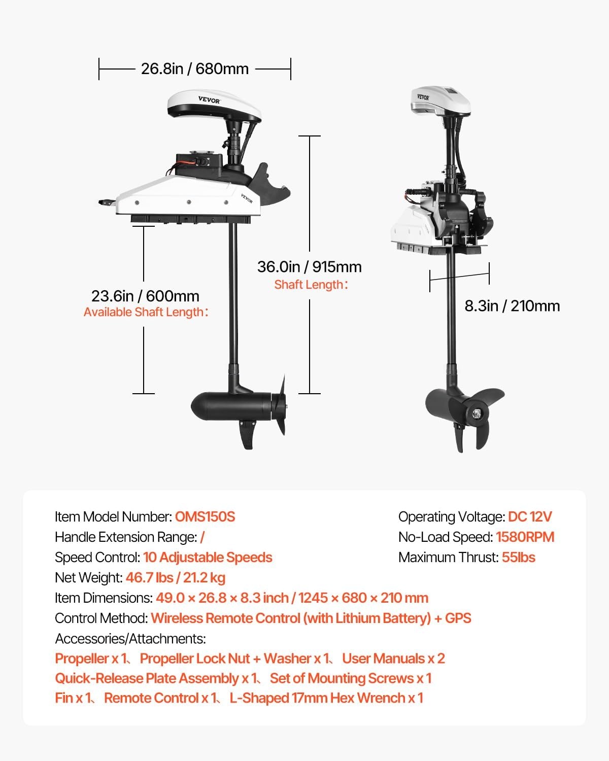 image:imageVEVOR Electric Trolling Motor Transom Mounted Outboard Boat Motors 12V 55lbs Thrust 8Speed Electric Boat Engine wBattery Indicator for Kayaks Fishing Boats on FreshwaterSaltwater 30In ShaftGPS 12V 55Ib 36inch