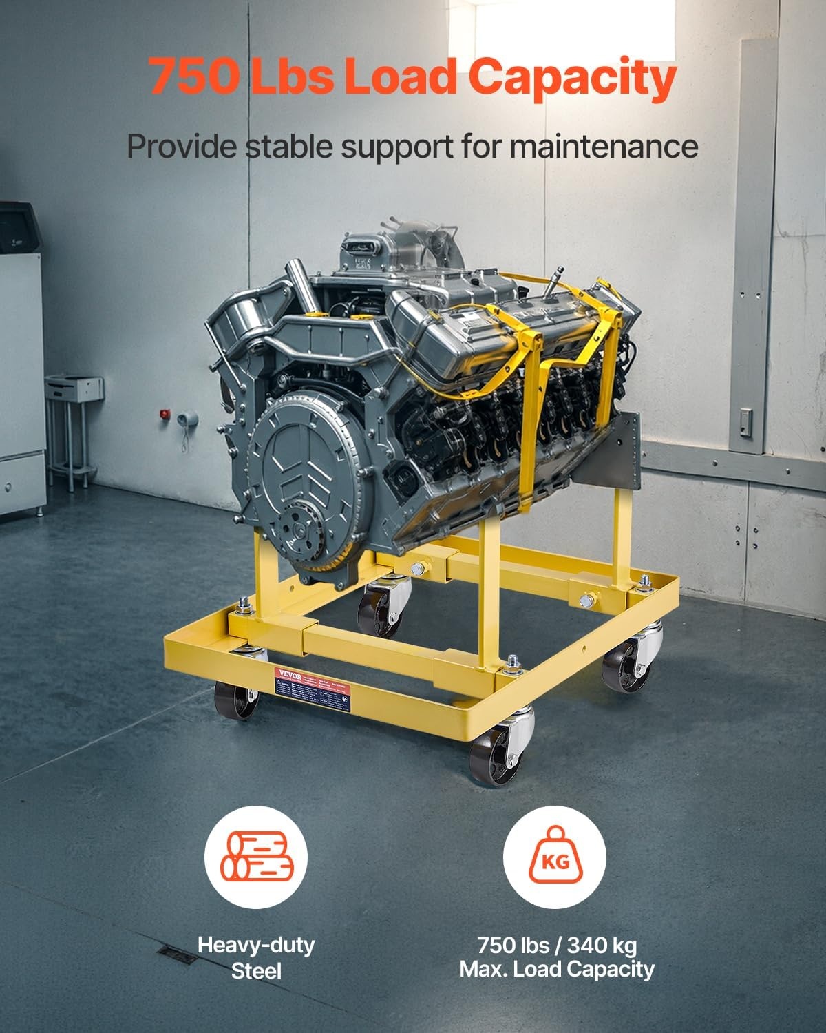 image:imageVEVOR Engine Stand 750 LBS Load Capacity Engine Motor Stand HeavyDuty Steel Motor Holder with 4 Swivel Casters and 4 Hook Positions Suitable for BBChevy and GEN1 SBChevy EnginesYellow