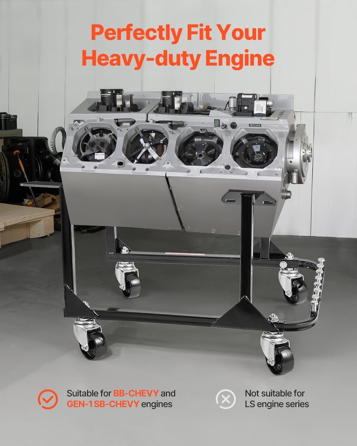 image:imageVEVOR Engine Stand 750 LBS Load Capacity Engine Motor Stand HeavyDuty Steel Motor Holder with 4 Swivel Casters and 4 Hook Positions Suitable for BBChevy and GEN1 SBChevy EnginesBlack