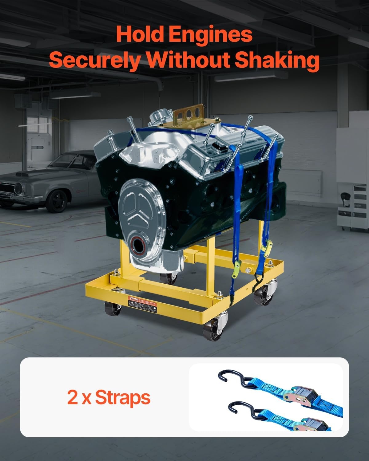 image:imageVEVOR Engine Stand 750 LBS Load Capacity Engine Motor Stand HeavyDuty Steel Motor Holder with 4 Swivel Casters and 4 Hook Positions Suitable for BBChevy and GEN1 SBChevy EnginesYellow