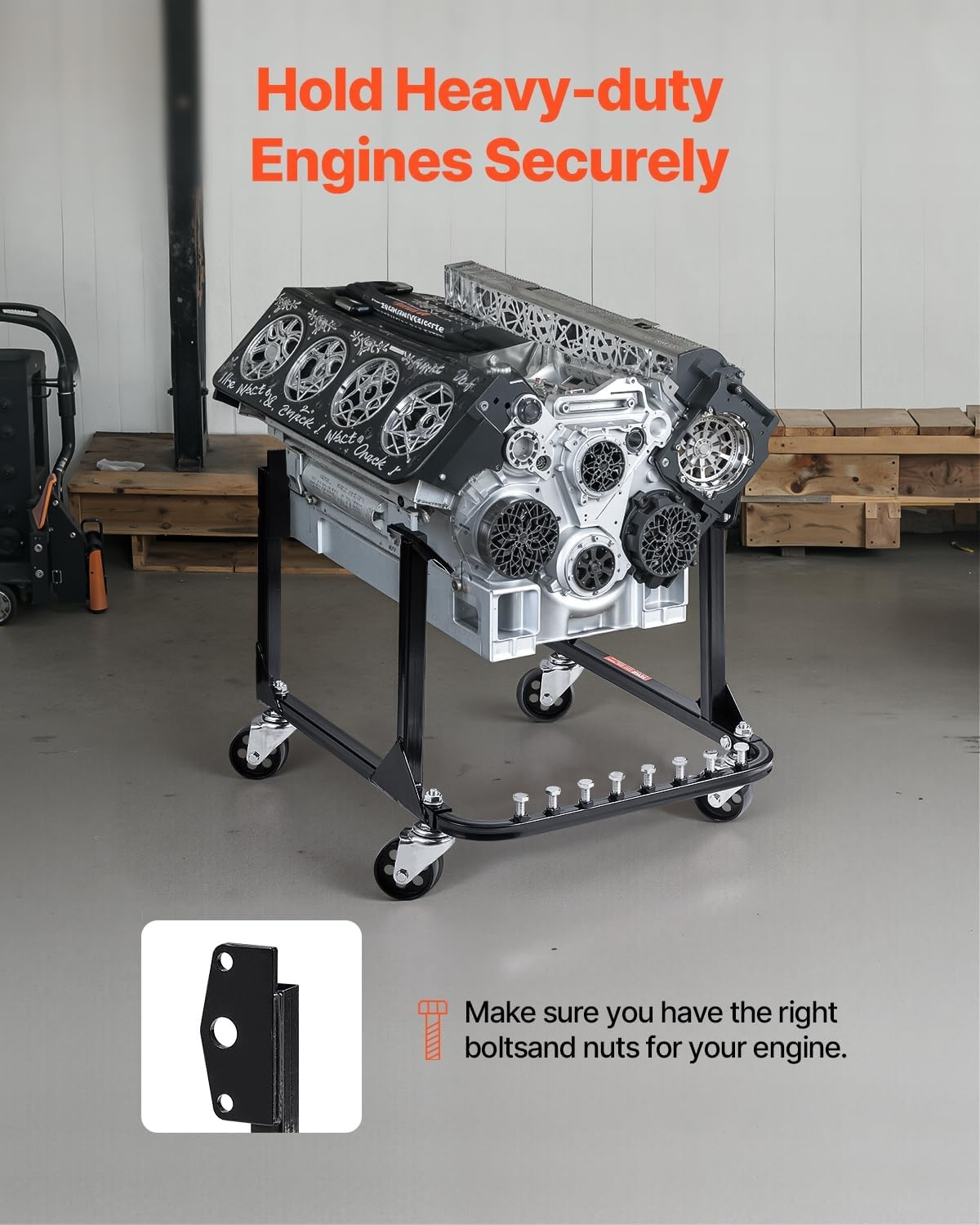image:imageVEVOR Engine Stand 750 LBS Load Capacity Engine Motor Stand HeavyDuty Steel Motor Holder with 4 Swivel Casters and 4 Hook Positions Suitable for BBChevy and GEN1 SBChevy EnginesBlack