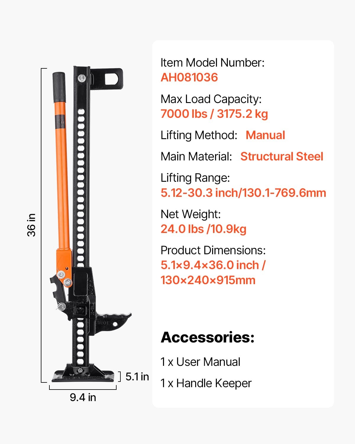 image:imageVEVOR Farm Jack 33 Utility High Lift Farm Jack 318 Ton 7000 lbs Capacity Ratcheting Off Road Utility Jacks HeavyDuty Lift Jacks with 51228 Lifting Range for Tractor Truck SUV36 inch