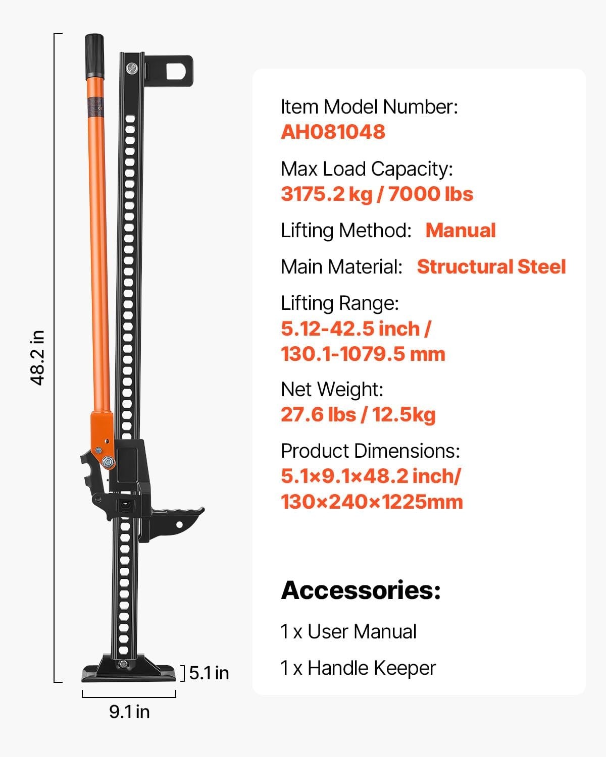 image:imageVEVOR Farm Jack 60inch 7000 lbs Capacity Ratcheting Off Road Jeep Jack for Tractor Truck SUV Bumper Lift Orange452 x 708 x 4822