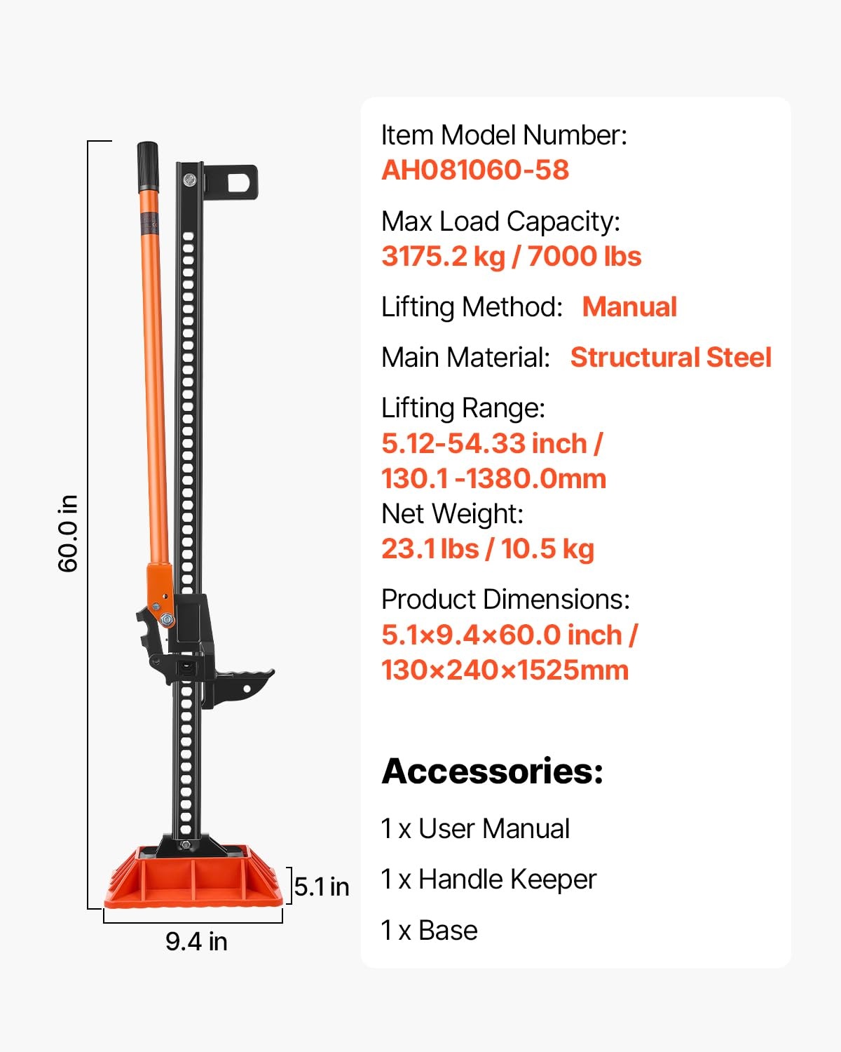 image:imageVEVOR Farm Jack with Base 48 Utility High Lift Farm Jack 318 Ton 7000 lbs Capacity Ratcheting Off Road Utility Jacks HeavyDuty Lift Jacks with 512425 Lifting Range for Tractor TruckSUV60 inch with Base