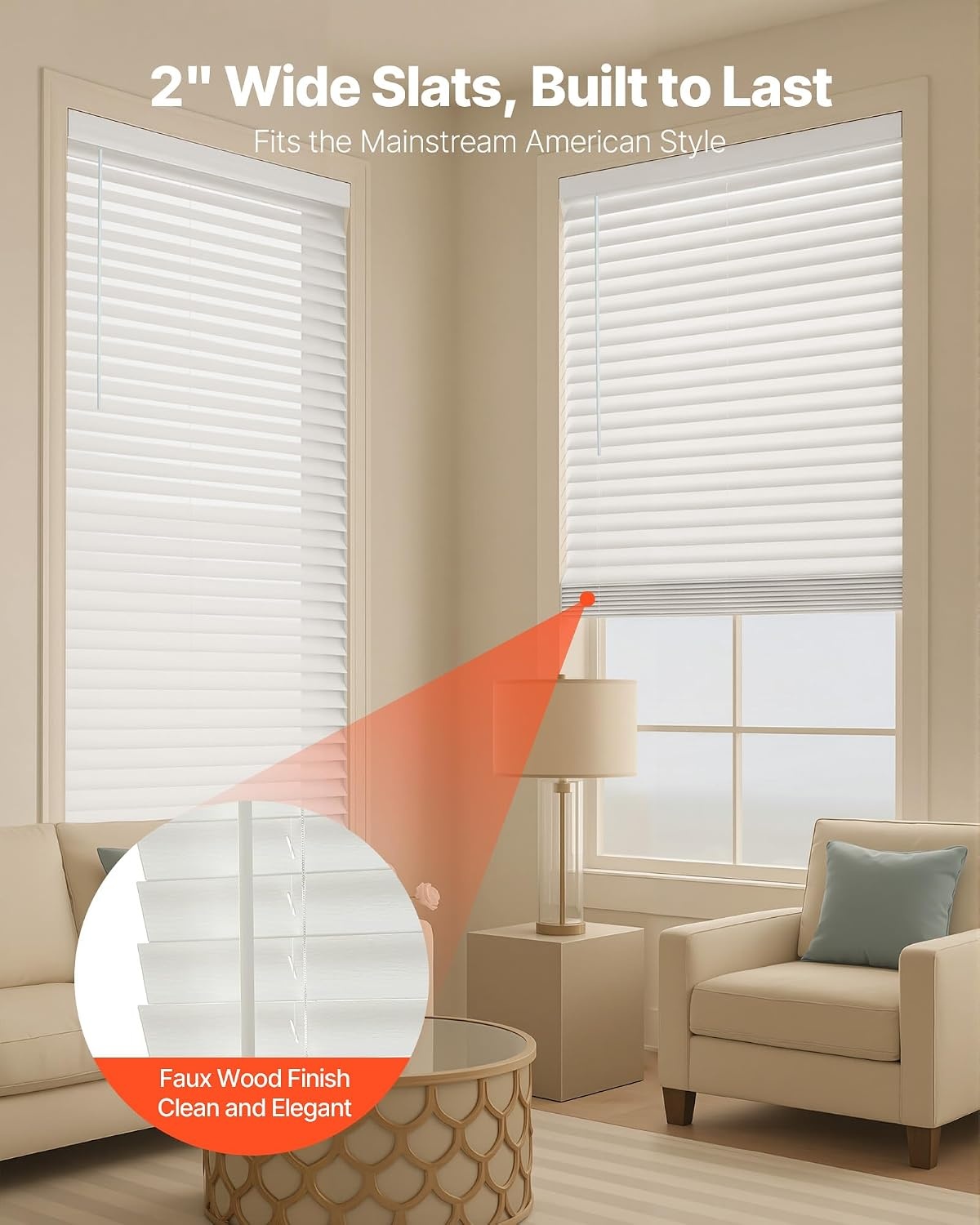 image:imageVEVOR Faux Wood Blinds 2 Slat 345 W x 60 H Cordless Window Blinds and Shades with Decorative Board Easy to Clean and Simple Light Adjustment for Room Darkening Home Interior Windows White