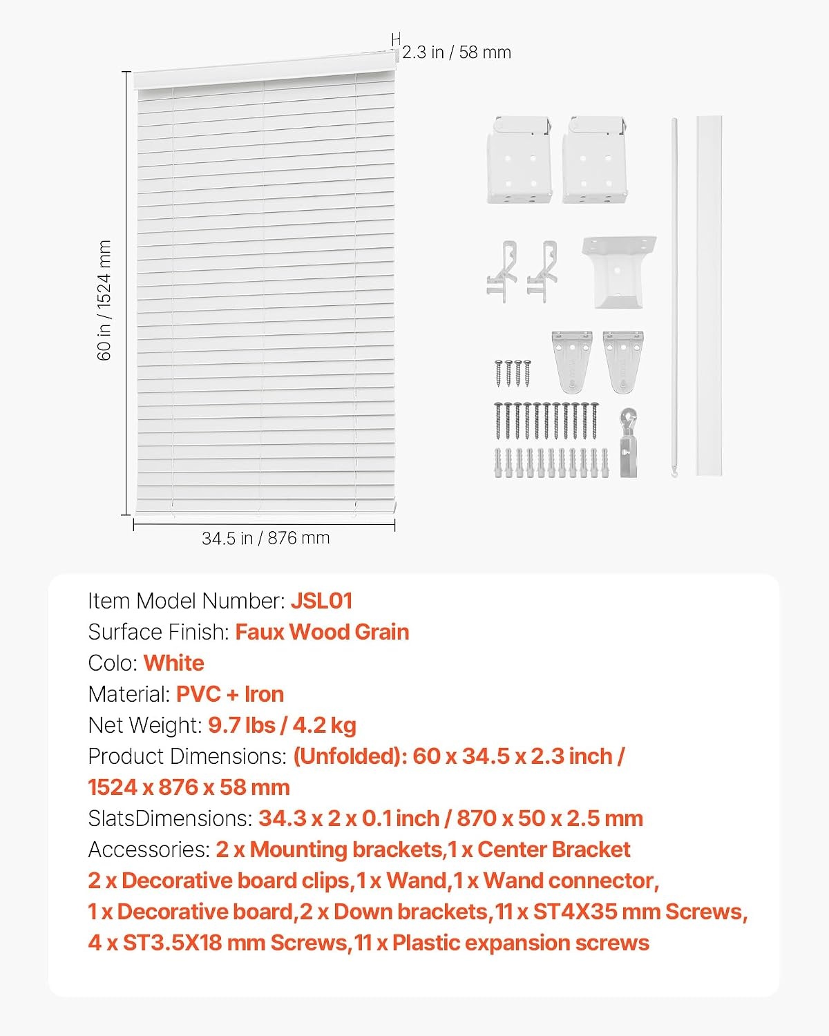 image:imageVEVOR Faux Wood Blinds 2 Slat 345 W x 60 H Cordless Window Blinds and Shades with Decorative Board Easy to Clean and Simple Light Adjustment for Room Darkening Home Interior Windows White