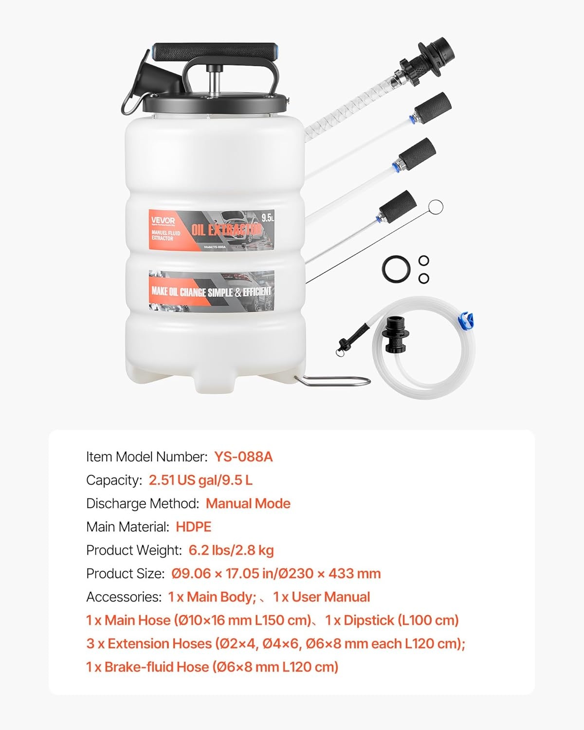 image:imageVEVOR Fluid Extractor 95 L Capacity Manual Vacuum Oil Extractor Pump with 59 in Long Horse amp Three 47 in Extension Tubes Oil Change Pump with HDPE Tank for Cars Lawn Mowers Boats Motorcycles