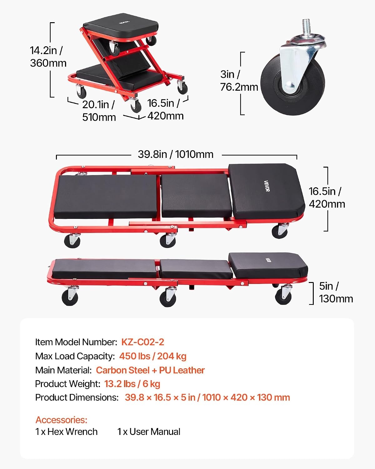 image:imageVEVOR Foldable Z Garage Creeper 40 in 450 lbs Load Capacity Rolling Folding Mechanic Creeper Stool with 6 Universal Wheels Padded Seat Steel Frame Lay Down or Sit Chair for Garage Shop or HomeRedBlack