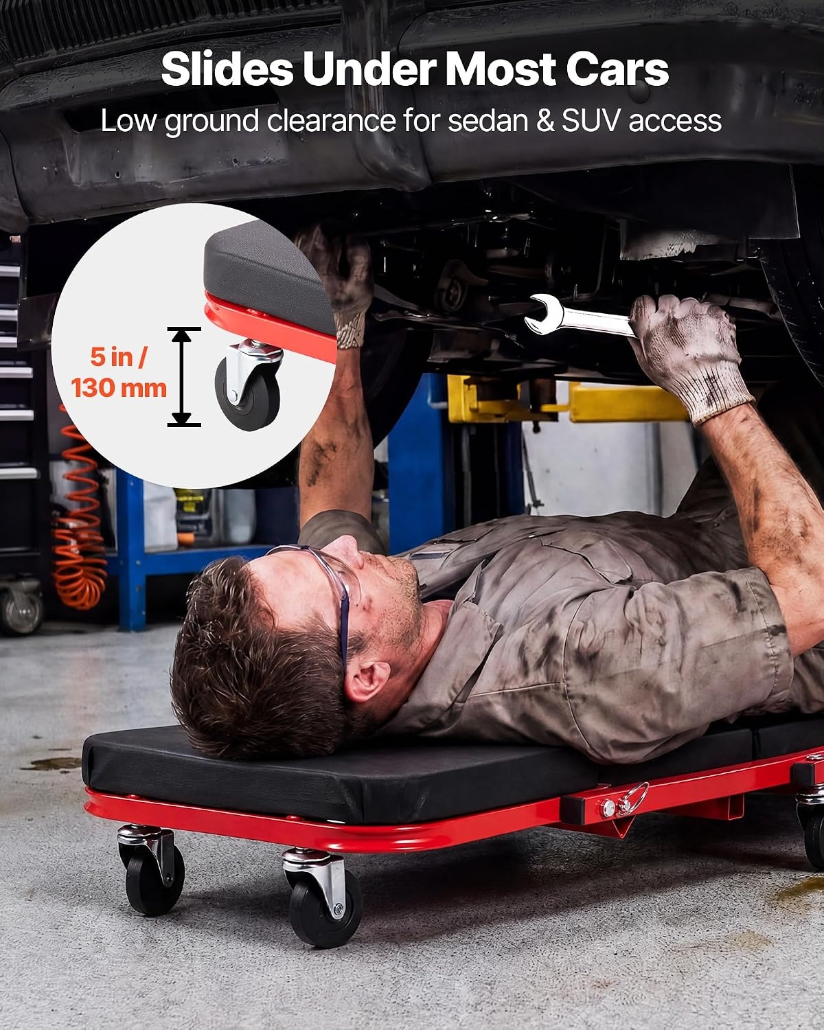 image:imageVEVOR Foldable Z Garage Creeper 40 in 450 lbs Load Capacity Rolling Folding Mechanic Creeper Stool with 6 Universal Wheels Padded Seat Steel Frame Lay Down or Sit Chair for Garage Shop or HomeRedBlack